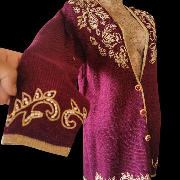 Vintage 90S Y2K Jaclyn Smith Petite Burgundy Cardigan Embroidery & Pearls Accent - Picture 2 of 14